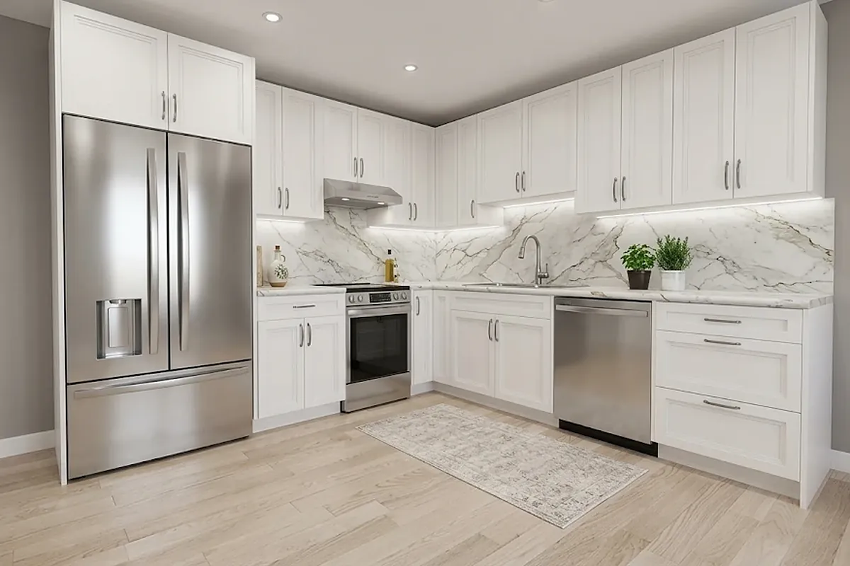 White shaker kitchen cabinets installed in a suite