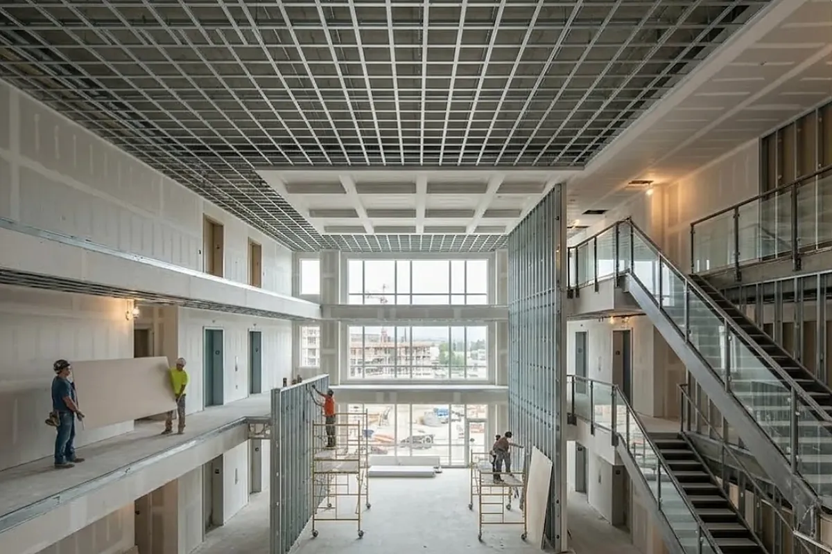 Crews installing drywall in a multi-storey atrium